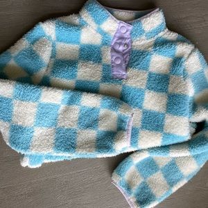 Checkered blue and white fleece pullover